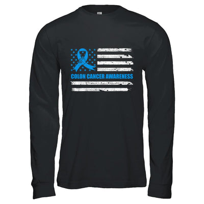 Blue Ribbon Colon Cancer Awareness US Flag-T-Shirt & Hoodie-Long Sleeve T-Shirt-Black