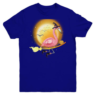 Funny Halloween Flamingo Witch Broom Scary Youth-Youth Shirt-Youth T-Shirt-Navy