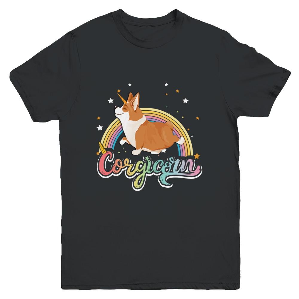 Corgicorn Corgi Unicorn Kids Space Galaxy Rainbow Youth-Youth Shirt-Youth T-Shirt-Black