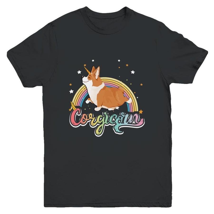Corgicorn Corgi Unicorn Kids Space Galaxy Rainbow Youth-Youth Shirt-Youth T-Shirt-Black