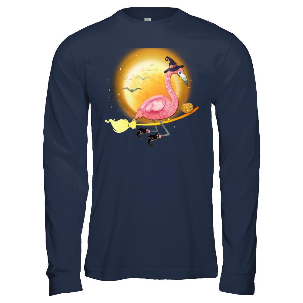 Funny Halloween Flamingo Witch Broom Scary-T-Shirt & Hoodie-Long Sleeve T-Shirt-Navy