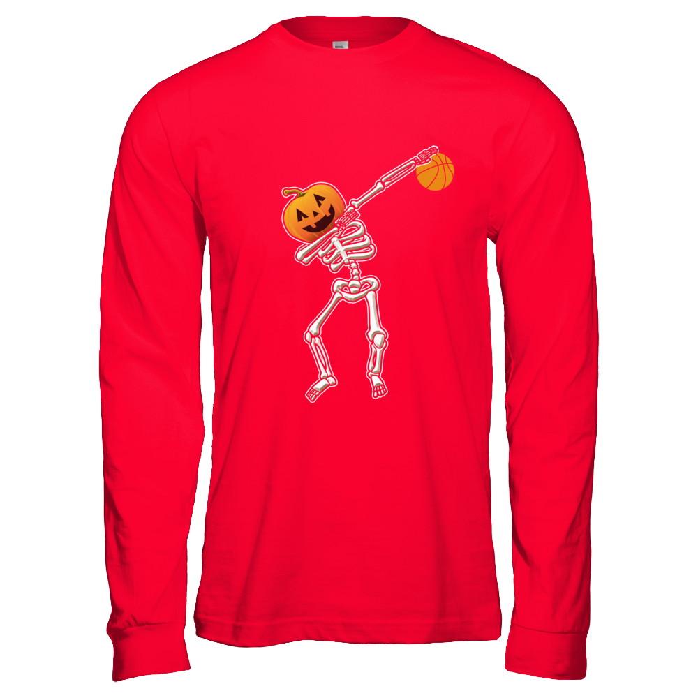Halloween Dabbing Skeleton Basketball-T-Shirt & Hoodie-Long Sleeve T-Shirt-Red