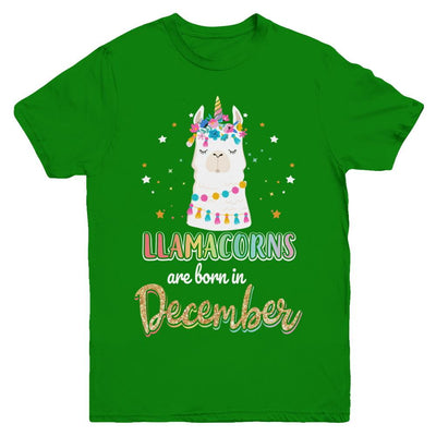 Llama Unicorn Llamacorns Born In December Birthday Gift Youth-Youth Shirt-Youth T-Shirt-Irish Green