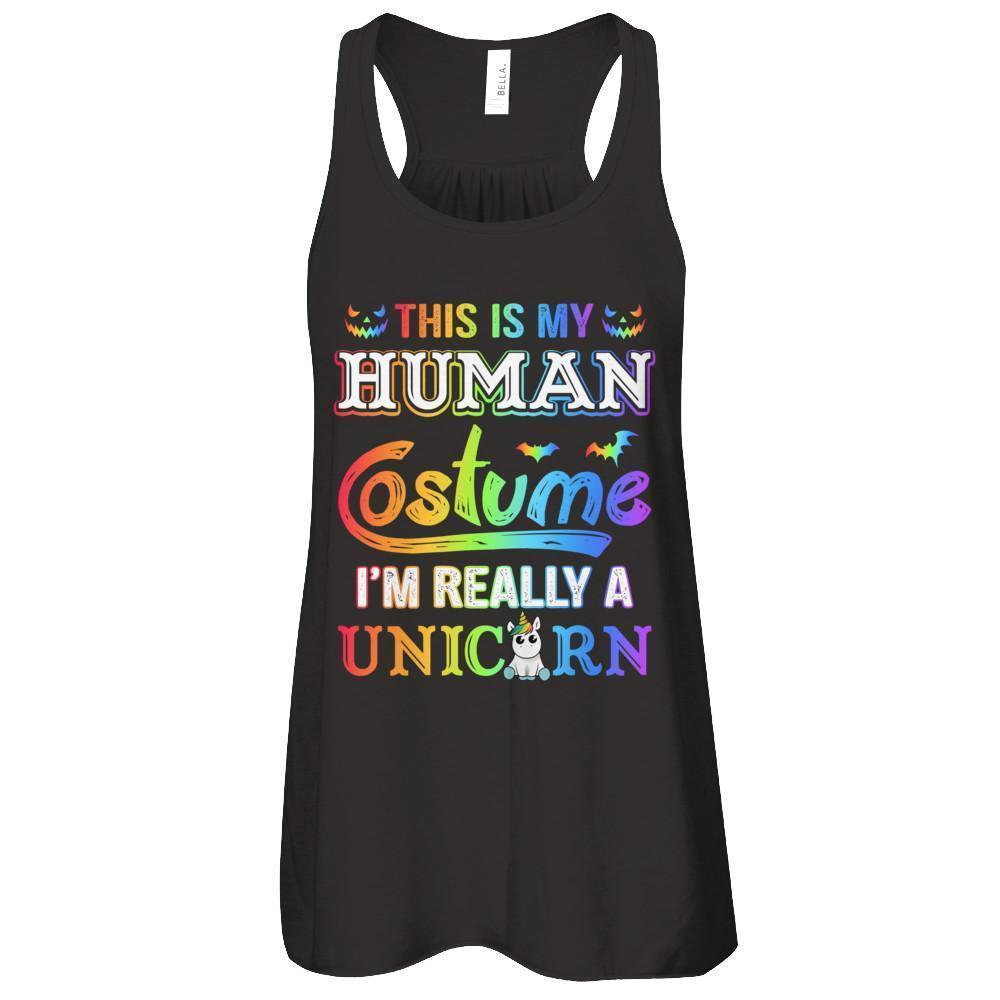 Halloween This Is My Human Costume I'm Really A Unicorn-T-Shirt & Tank Top-Women's Flowy Racerback Tank-Black