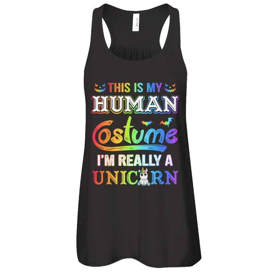 Halloween This Is My Human Costume I'm Really A Unicorn-T-Shirt & Tank Top-Women's Flowy Racerback Tank-Black