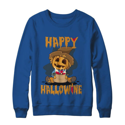 Halloween Happy Hallowine For Wine Straw Man Pumpkin-T-Shirt & Sweatshirt-Crewneck Sweatshirt-Royal