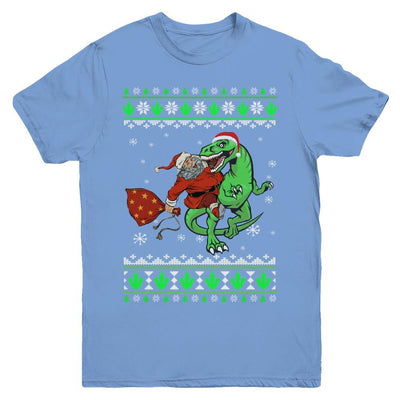 Santa Riding Dinosaur T-Rex Ugly Christmas Sweater Youth-Youth Shirt-Youth T-Shirt-Carolina Blue