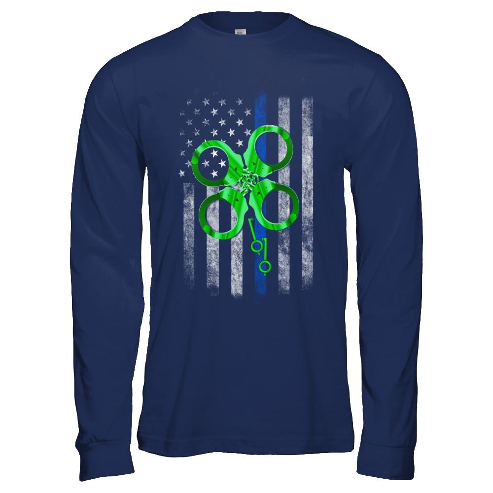 Thin Blue Line Police St Patrick's Day Clover-T-Shirt & Hoodie-Long Sleeve T-Shirt-Navy