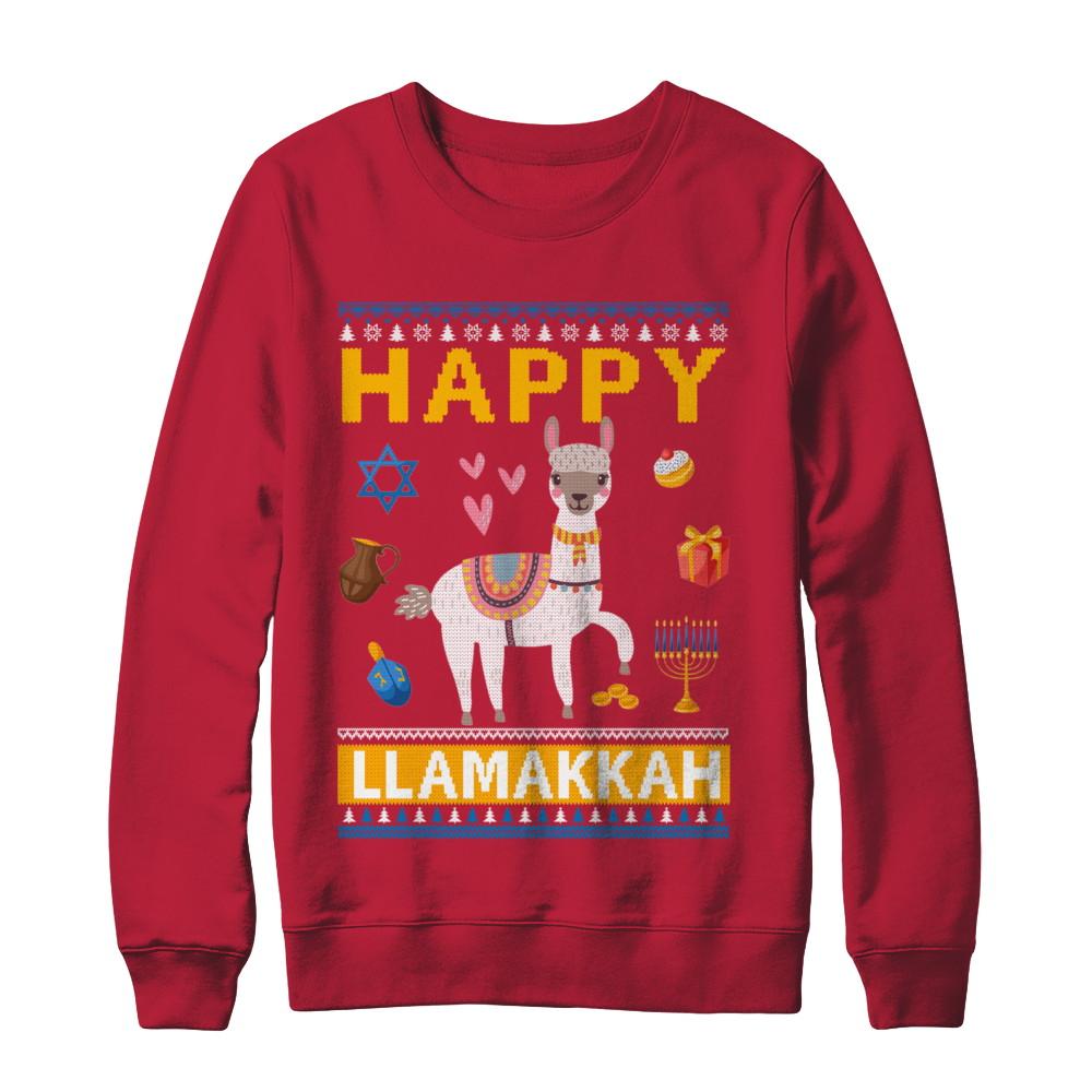 Happy Llama Llamakkah Hanukkah Ugly Sweater-T-Shirt & Sweatshirt-Crewneck Sweatshirt-Red