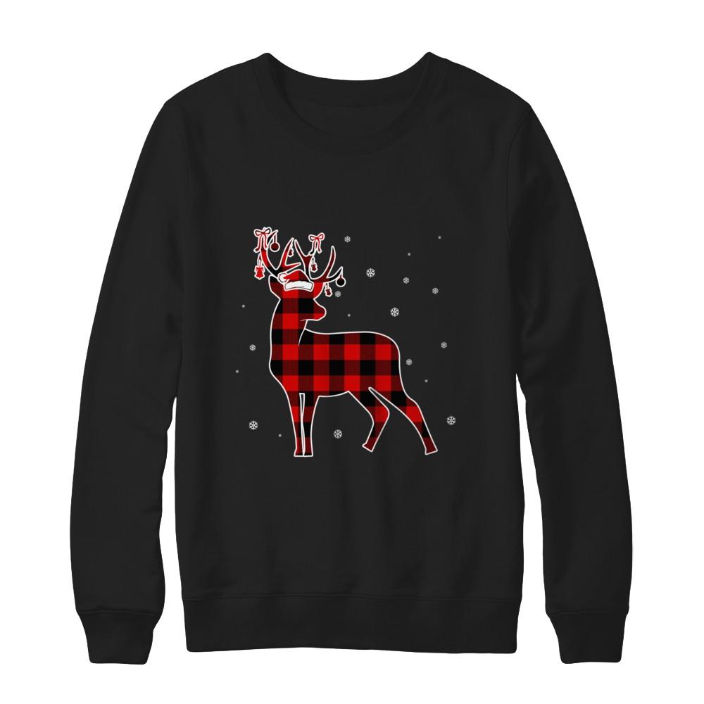 Red Plaid Deer Santa Hat Christmas Buffalo Plaid-T-Shirt & Sweatshirt-Crewneck Sweatshirt-Black