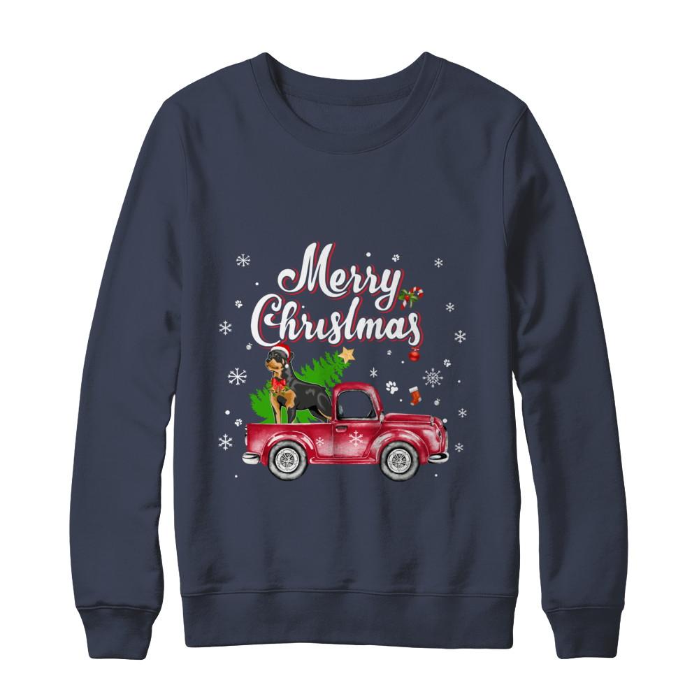 Rottweiler Retriever Rides Red Truck Christmas Pajama-T-Shirt & Sweatshirt-Crewneck Sweatshirt-Navy