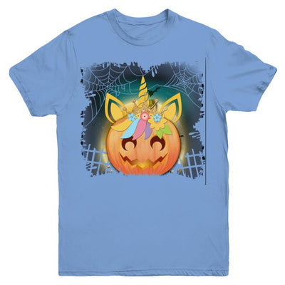Kids Girls Unicorn Pumpkin Queen Halloween Youth-Youth Shirt-Youth T-Shirt-Carolina Blue