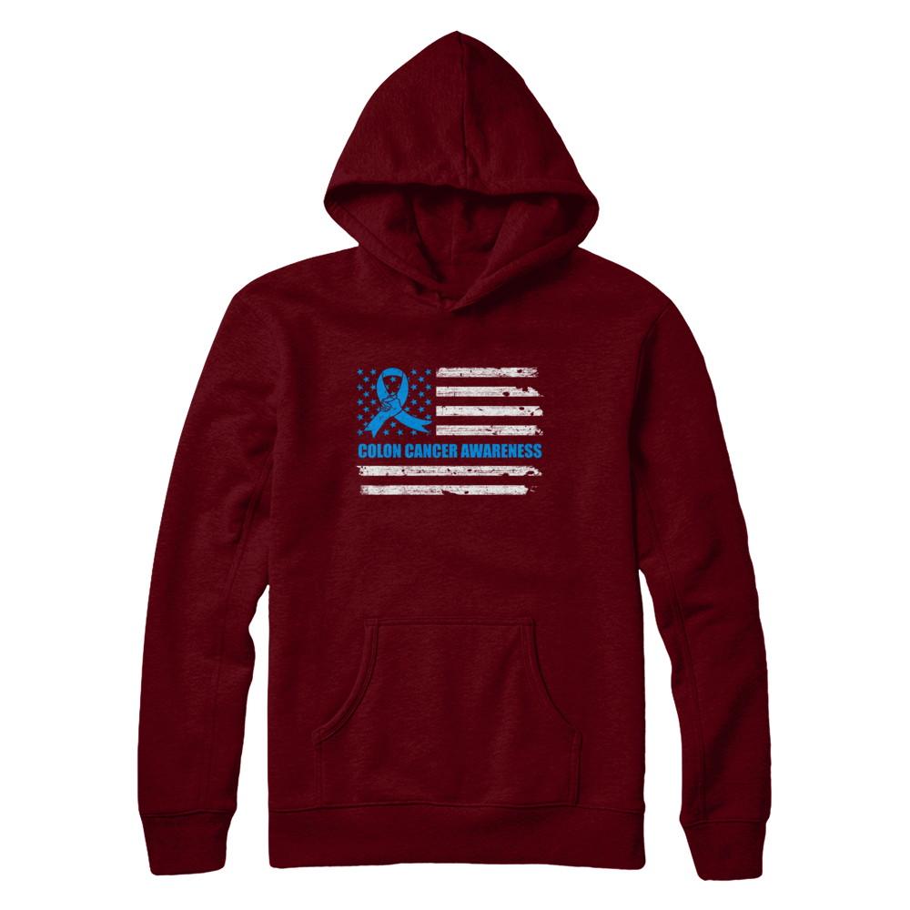 Blue Ribbon Colon Cancer Awareness US Flag-T-Shirt & Hoodie-Pullover Hoodie-Maroon