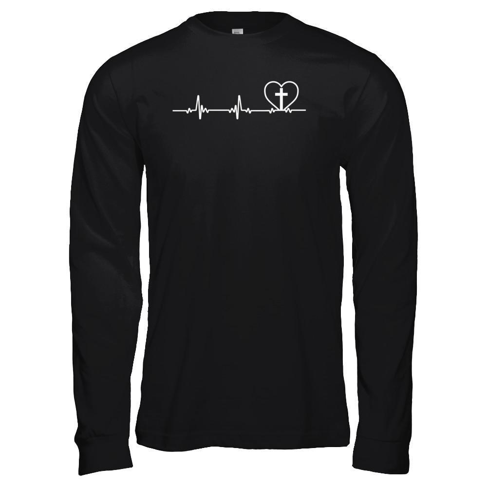 Christian Cross Heartbeat God Jesus-T-Shirt & Hoodie-Long Sleeve T-Shirt-Black