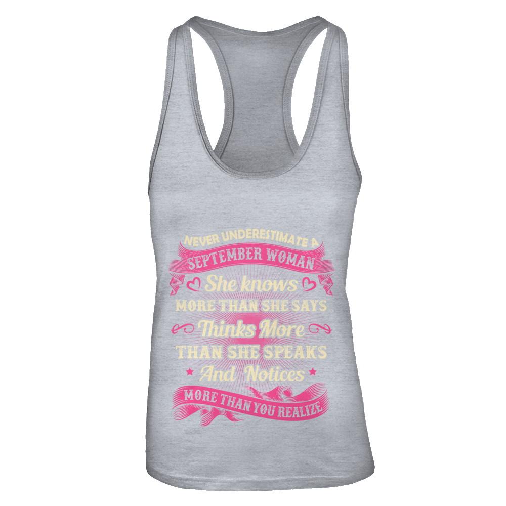 September Woman She Knows More Than She Says Birthday Gift-T-Shirt & Tank Top-Women's Ideal Racerback Tank-Heather Grey
