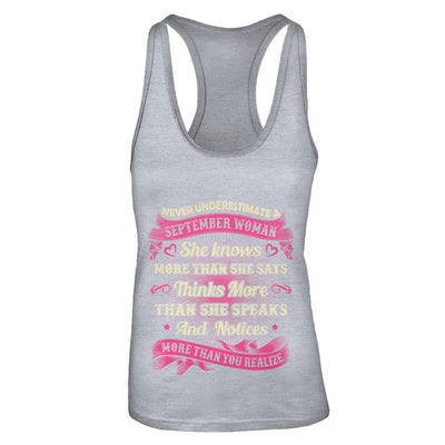 September Woman She Knows More Than She Says Birthday Gift-T-Shirt & Tank Top-Women's Ideal Racerback Tank-Heather Grey