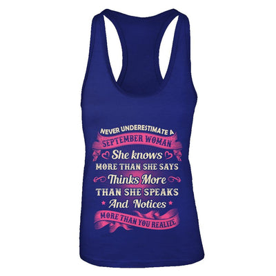 September Woman She Knows More Than She Says Birthday Gift-T-Shirt & Tank Top-Women's Ideal Racerback Tank-Royal