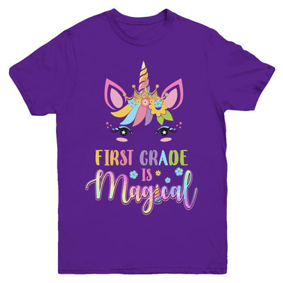 First Grade Is Magical Unicorn Back To School 1st Grade Youth-Youth Shirt-Youth T-Shirt-Purple