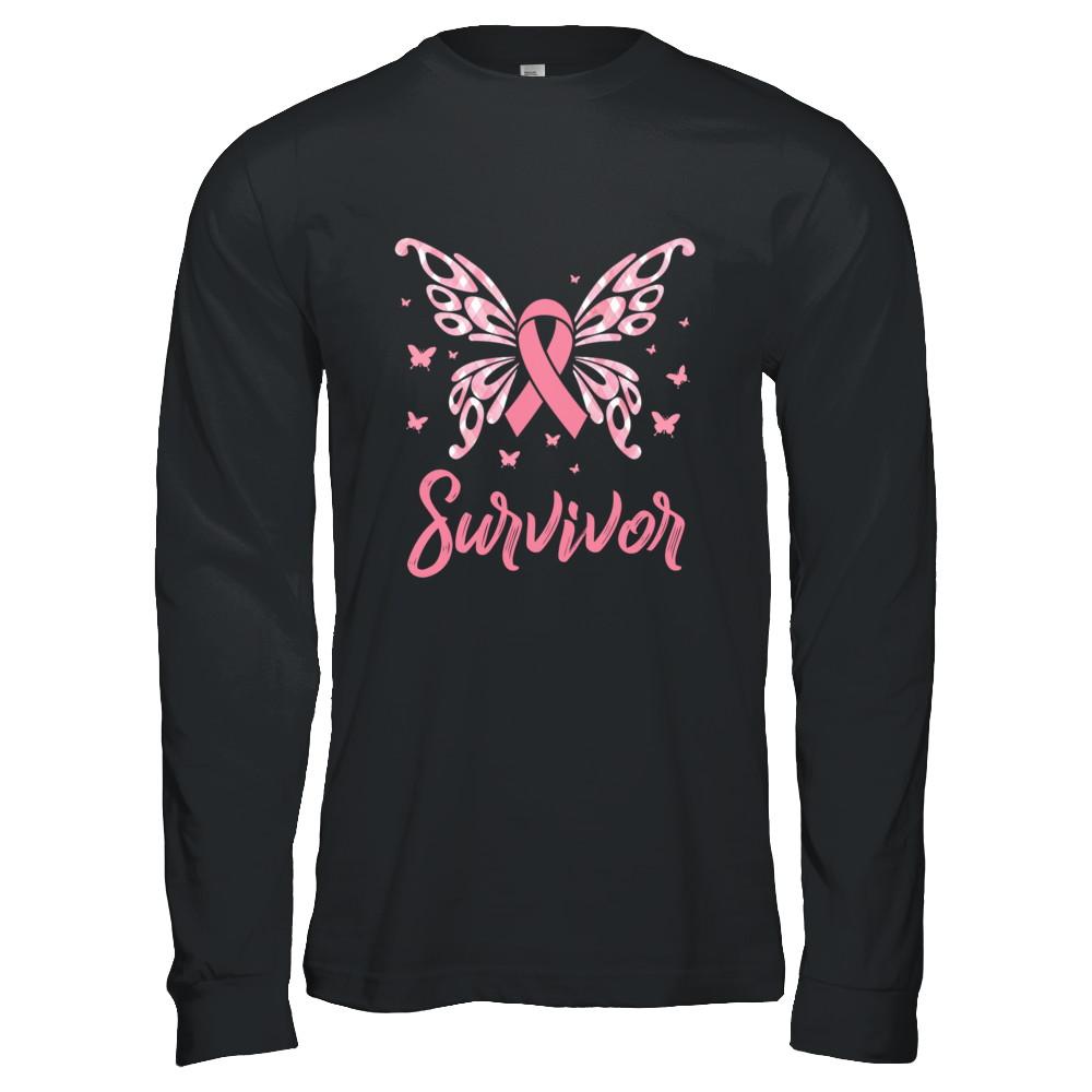 Pink Ribbon Butterfly Breast Cancer Survivor-T-Shirt & Hoodie-Long Sleeve T-Shirt-Black