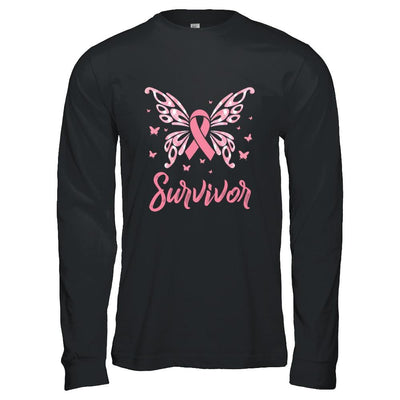 Pink Ribbon Butterfly Breast Cancer Survivor-T-Shirt & Hoodie-Long Sleeve T-Shirt-Black