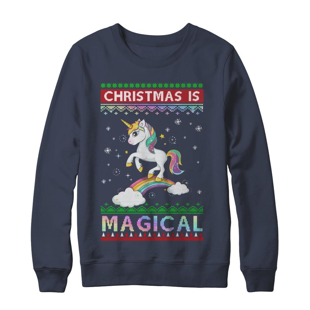 Christmas Is Magical Unicorn Ugly Christmas Sweater-T-Shirt & Sweatshirt-Crewneck Sweatshirt-Navy