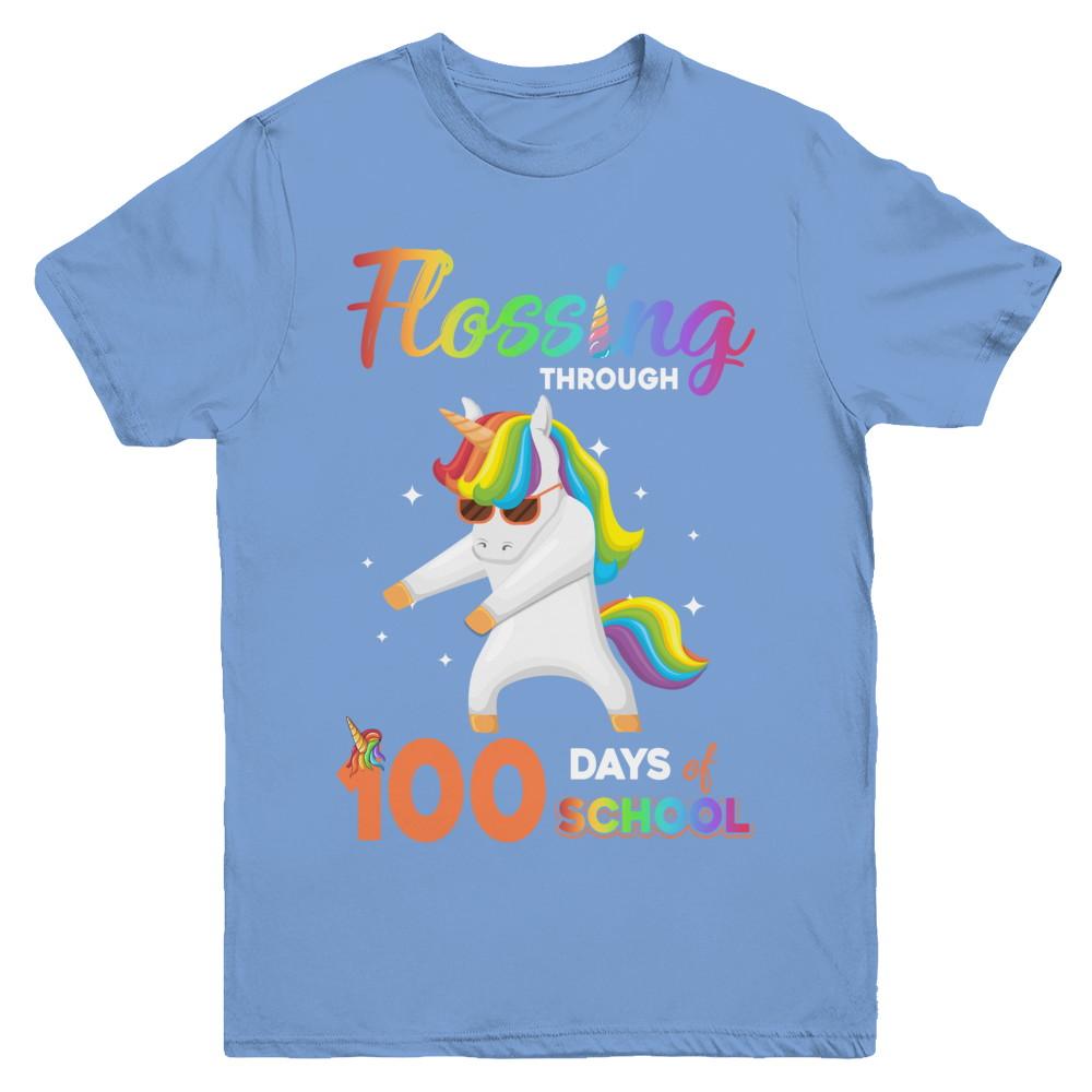 Flossing through 100 Days of School Unicorn Girl Youth-Youth Shirt-Youth T-Shirt-Carolina Blue
