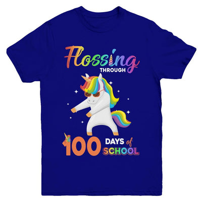 Flossing through 100 Days of School Unicorn Girl Youth-Youth Shirt-Youth T-Shirt-Navy