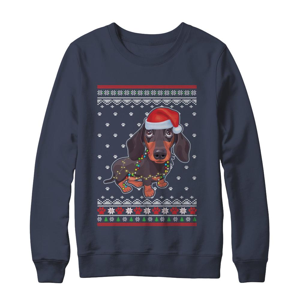 Dachshund Christmas Ugly Sweater Lights Dog Xmas Gift-T-Shirt & Sweatshirt-Crewneck Sweatshirt-Navy