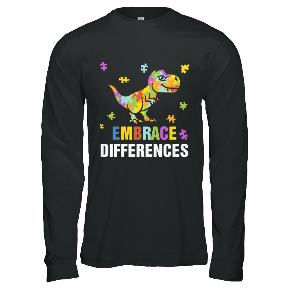 Autism Awareness Puzzle Piece Dinosaur Embrace Differences-T-Shirt & Hoodie-