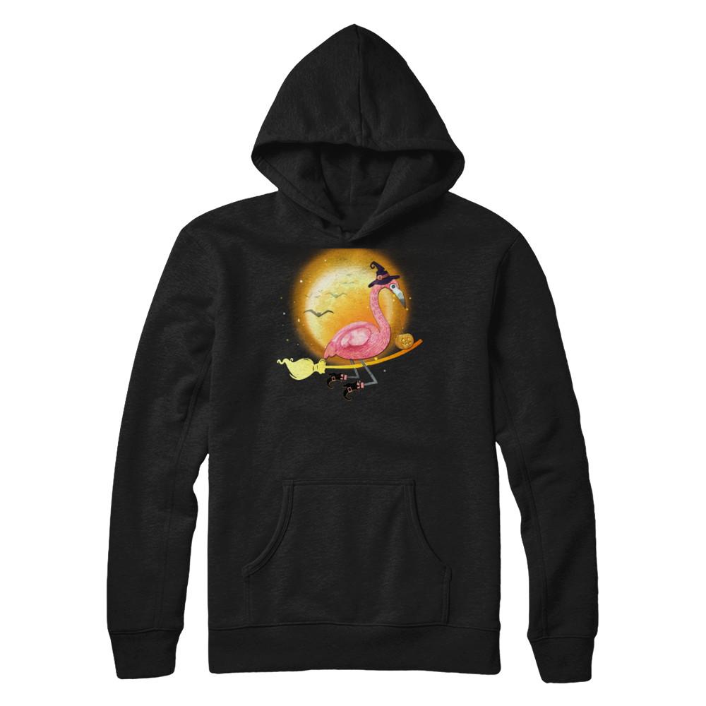 Funny Halloween Flamingo Witch Broom Scary-T-Shirt & Hoodie-Pullover Hoodie-Black