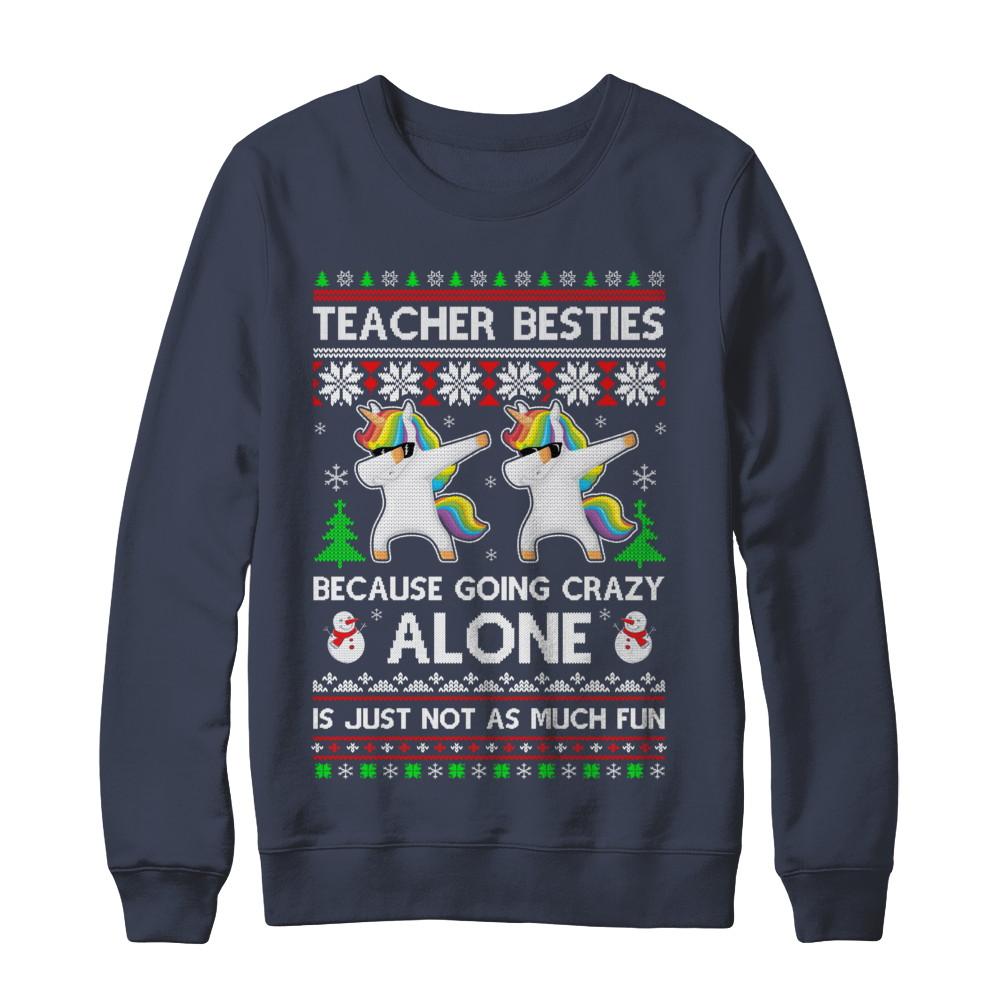 Unicorn Dabbing Teacher Besties Ugly Christmas Sweater-T-Shirt & Sweatshirt-Crewneck Sweatshirt-Navy