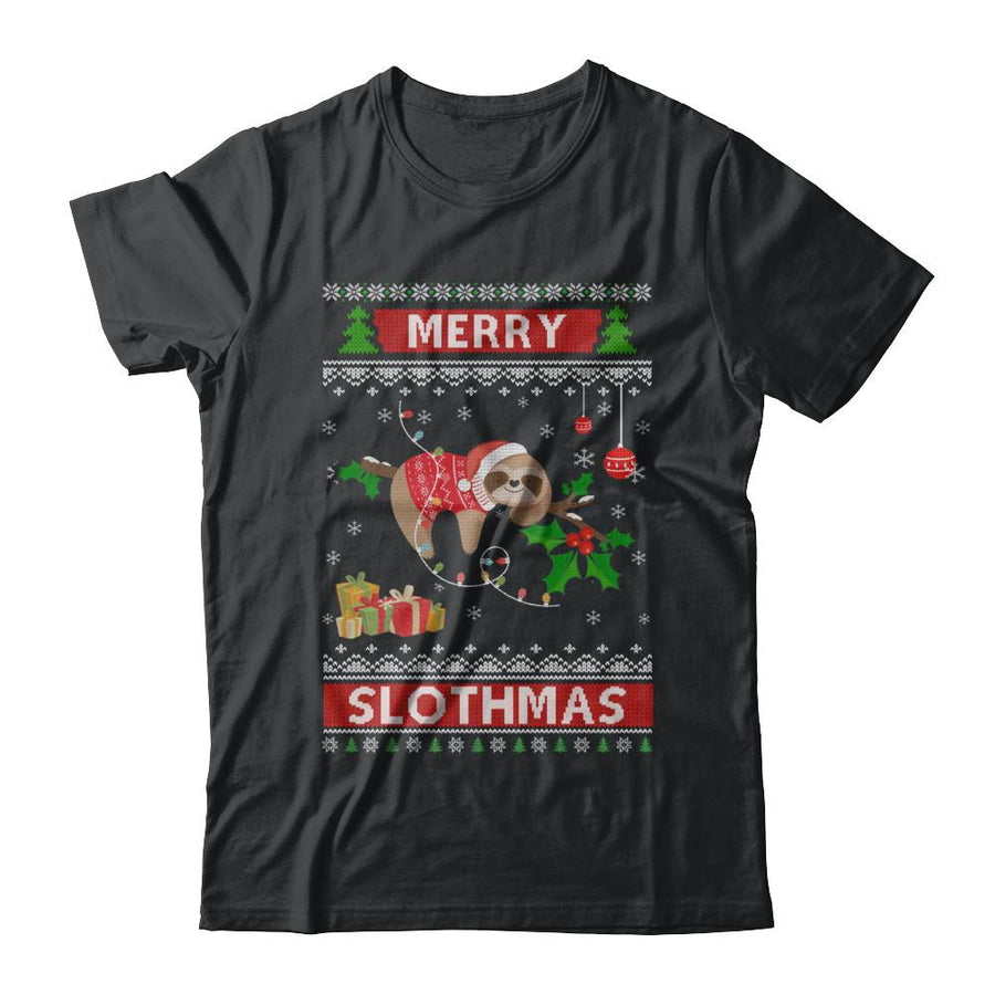 Merry Slothmas Funny Sloth Ugly Christmas Sweater-T-Shirt & Sweatshirt-Classic T-Shirt-Black