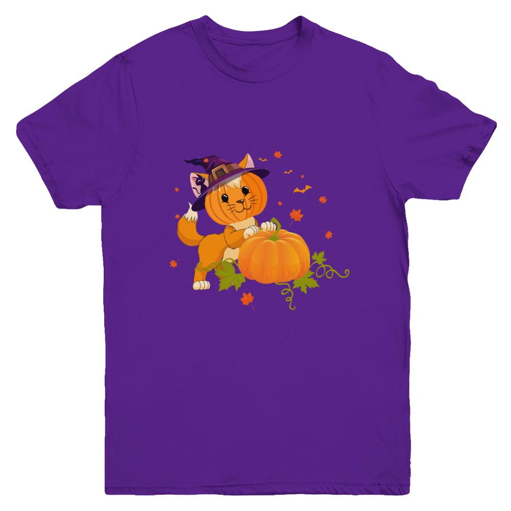 Funny Halloween Cat Pumpkin Costume Youth-Youth Shirt-Youth T-Shirt-Purple