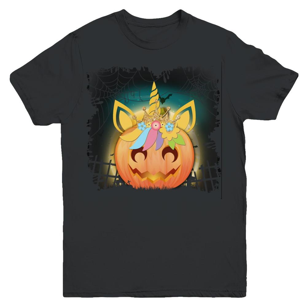 Kids Girls Unicorn Pumpkin Queen Halloween Youth-Youth Shirt-Youth T-Shirt-Black