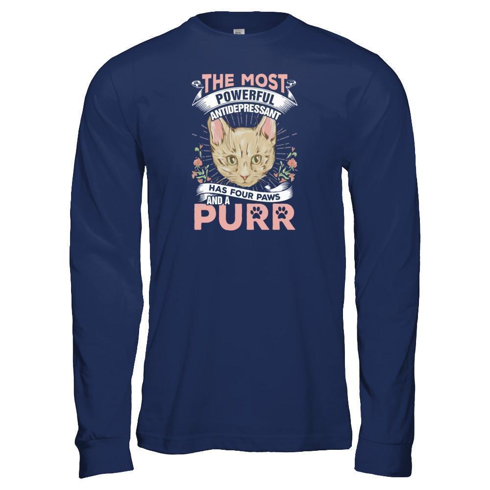 The Most Powerful Antidepressant Has Four Paws And A Purr-T-Shirt & Tank Top-Long Sleeve T-Shirt-Navy