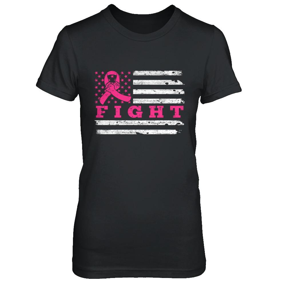 Fight Pink Ribbon US Flag Breast Cancer Awareness-T-Shirt & Hoodie-Women's T-Shirt-Black