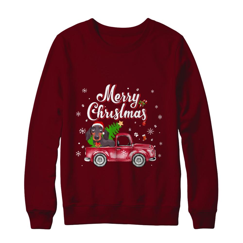 Dachshund Retriever Rides Red Truck Christmas Pajama-T-Shirt & Sweatshirt-Crewneck Sweatshirt-Maroon