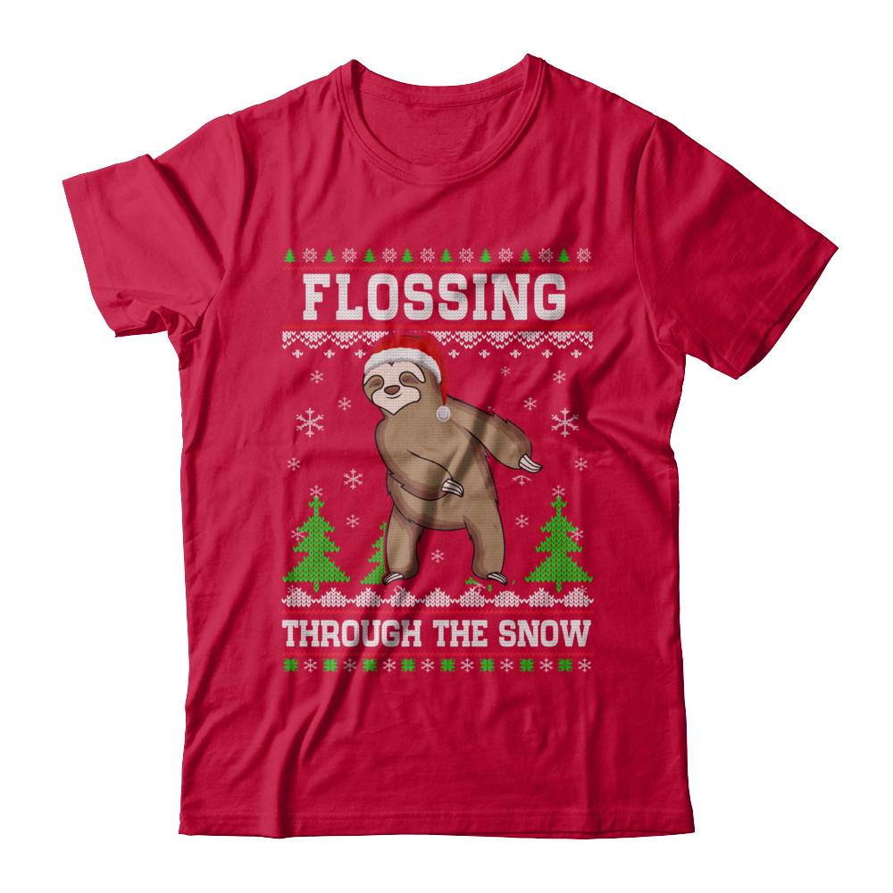 Funny Flossing Sloth Ugly Christmas Sweater Flossin'-T-Shirt & Sweatshirt-Classic T-Shirt-Red