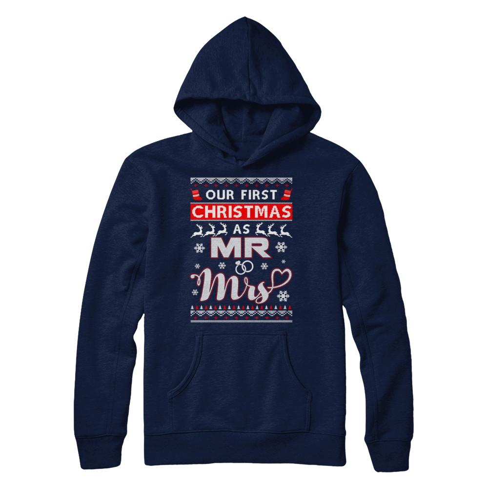 Couple Wife Husband Our First Christmas As Mr & Mrs Sweater-T-Shirt & Sweatshirt-Pullover Hoodie-Navy