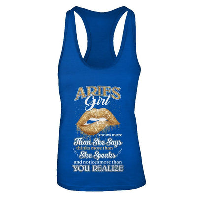 Aries Girl Knows More Than She Says March April Birthday-T-Shirt & Tank Top-Women's Ideal Racerback Tank-Royal