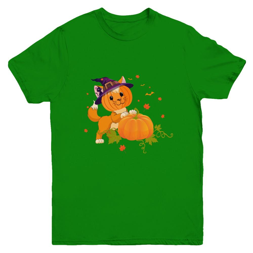 Funny Halloween Cat Pumpkin Costume Youth-Youth Shirt-Youth T-Shirt-Irish Green