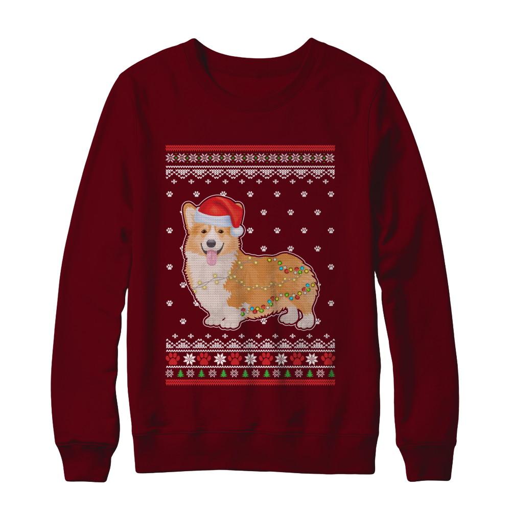 Corgi Christmas Ugly Sweater Lights Dog Xmas Gift-T-Shirt & Sweatshirt-Crewneck Sweatshirt-Maroon