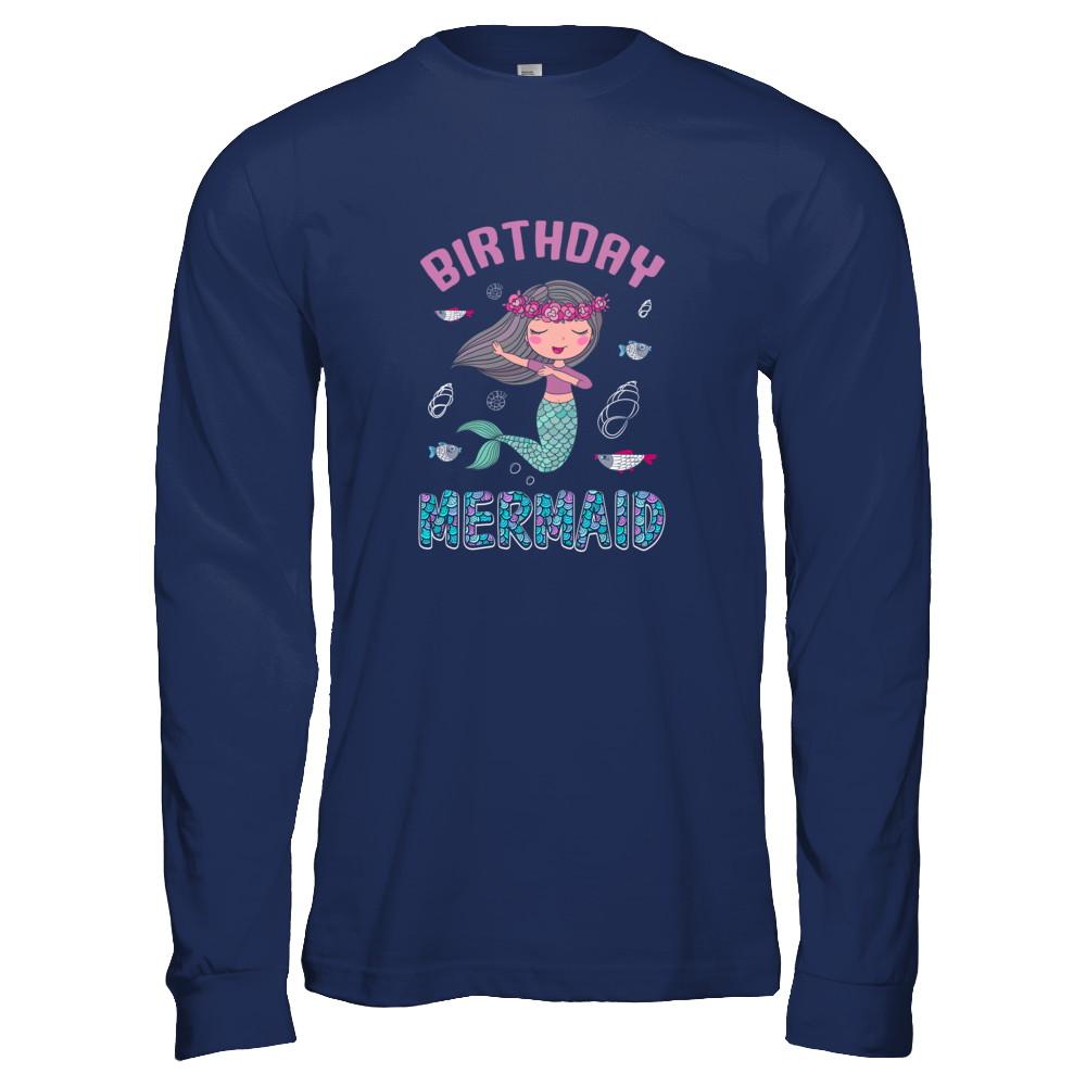 Birthday Mermaid Party Dabbing-T-Shirt & Tank Top-Long Sleeve T-Shirt-Navy