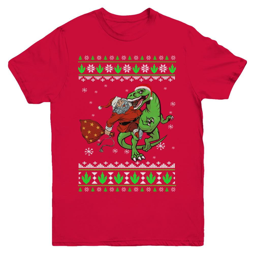 Santa Riding Dinosaur T-Rex Ugly Christmas Sweater Youth-Youth Shirt-Youth T-Shirt-Red