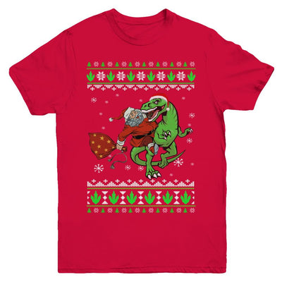 Santa Riding Dinosaur T-Rex Ugly Christmas Sweater Youth-Youth Shirt-Youth T-Shirt-Red