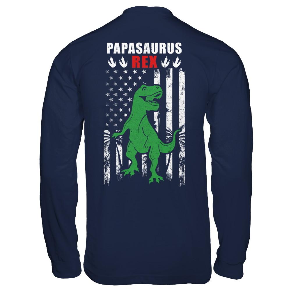 PapaSaurus Papa Dinosaur Rex American Flag Fathers Day-T-Shirt & Hoodie-Long Sleeve T-Shirt-Navy