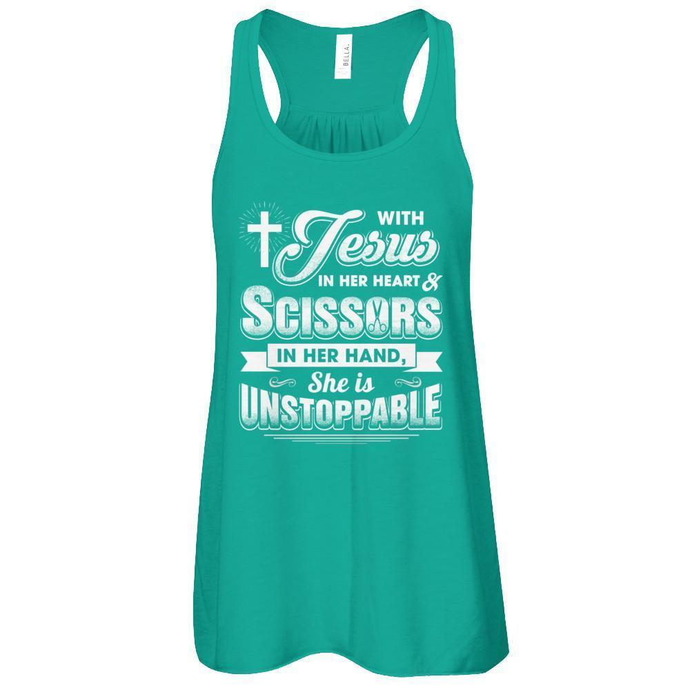 With Jesus In Her Heart And Scissors For Hairdresser-T-Shirt & Tank Top-Women's Flowy Racerback Tank-Kelly