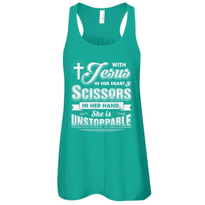 With Jesus In Her Heart And Scissors For Hairdresser-T-Shirt & Tank Top-Women's Flowy Racerback Tank-Kelly