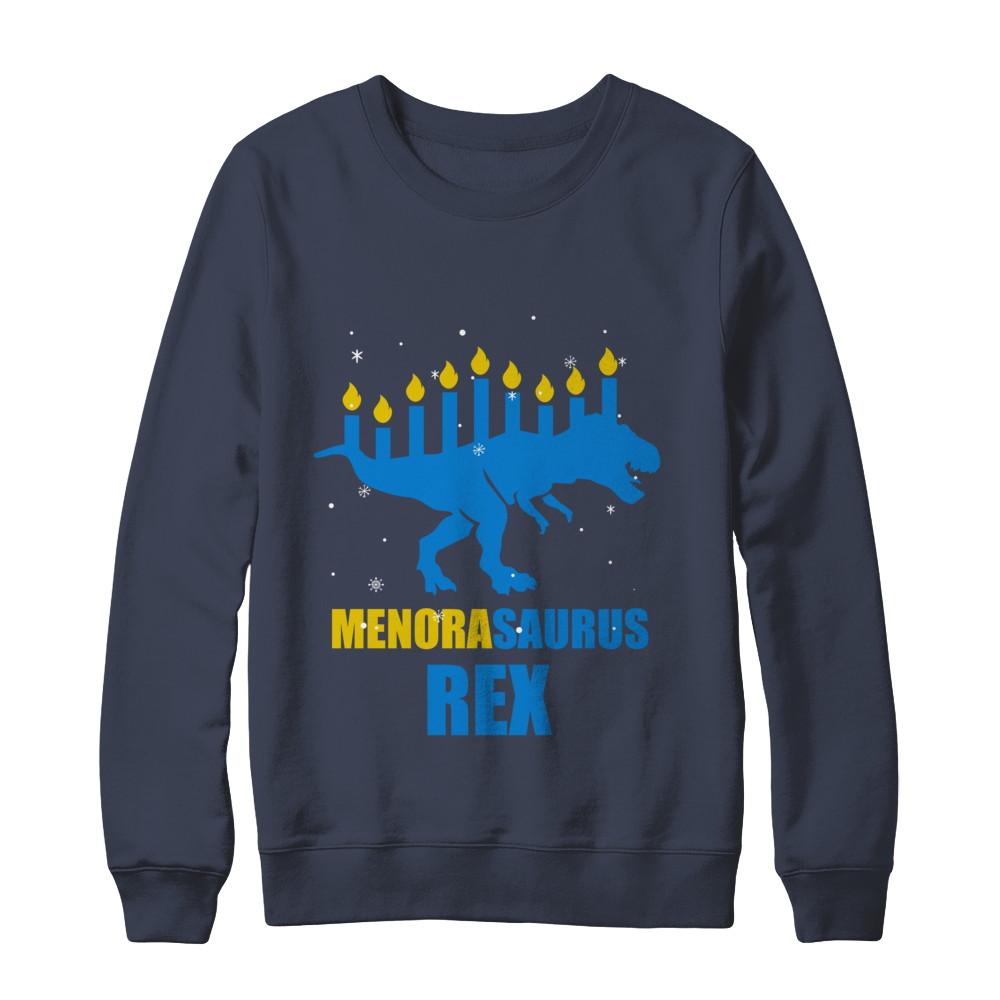 Hanukkah Dinosaur Tyrannosaurus Rex Menorah Menorasaurus-T-Shirt & Sweatshirt-Crewneck Sweatshirt-Navy
