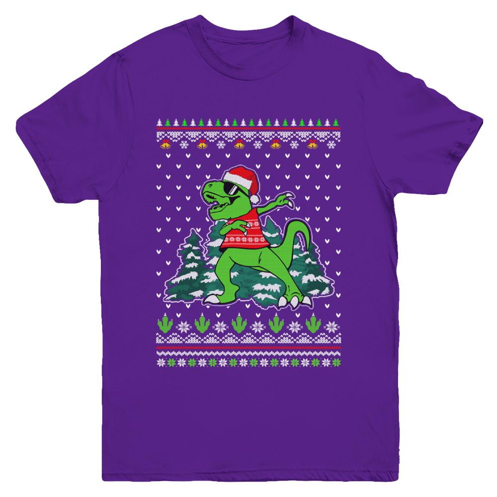 Funny Dab Dabbing Dinosaur Ugly Christmas Sweater Xmas Youth-Youth Shirt-Youth T-Shirt-Purple